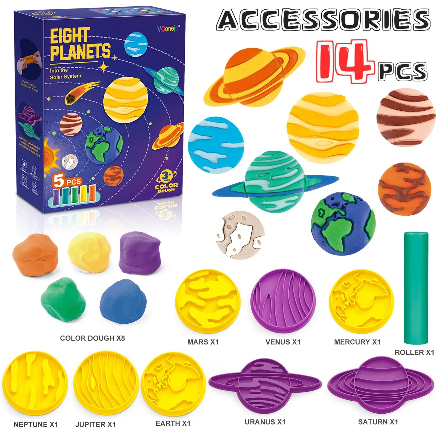 VConejo Planet Color Dough Set – 14-Piece for Kids 2-8
