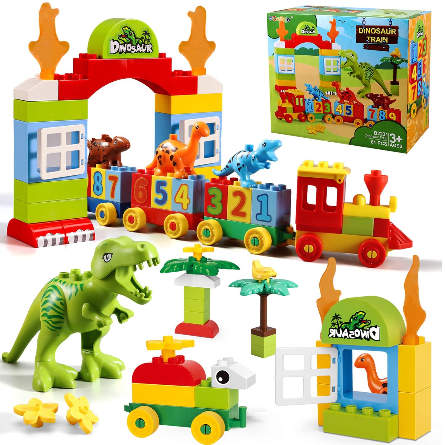 VConejo Dinosaur Building Blocks Toys — Jurassic 2-in-1 Number Train & T-Rex, Compatible With All Major Brands