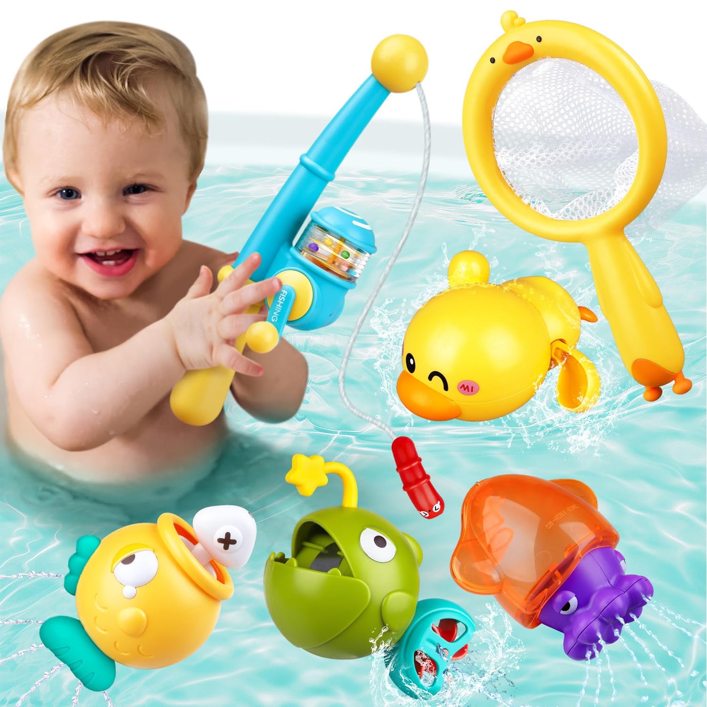VConejo Magnetic Fishing Bath Toys for Toddlers Aged 1-3 | Bath Time Wind-Up Duck, Net & Fishing Rod
