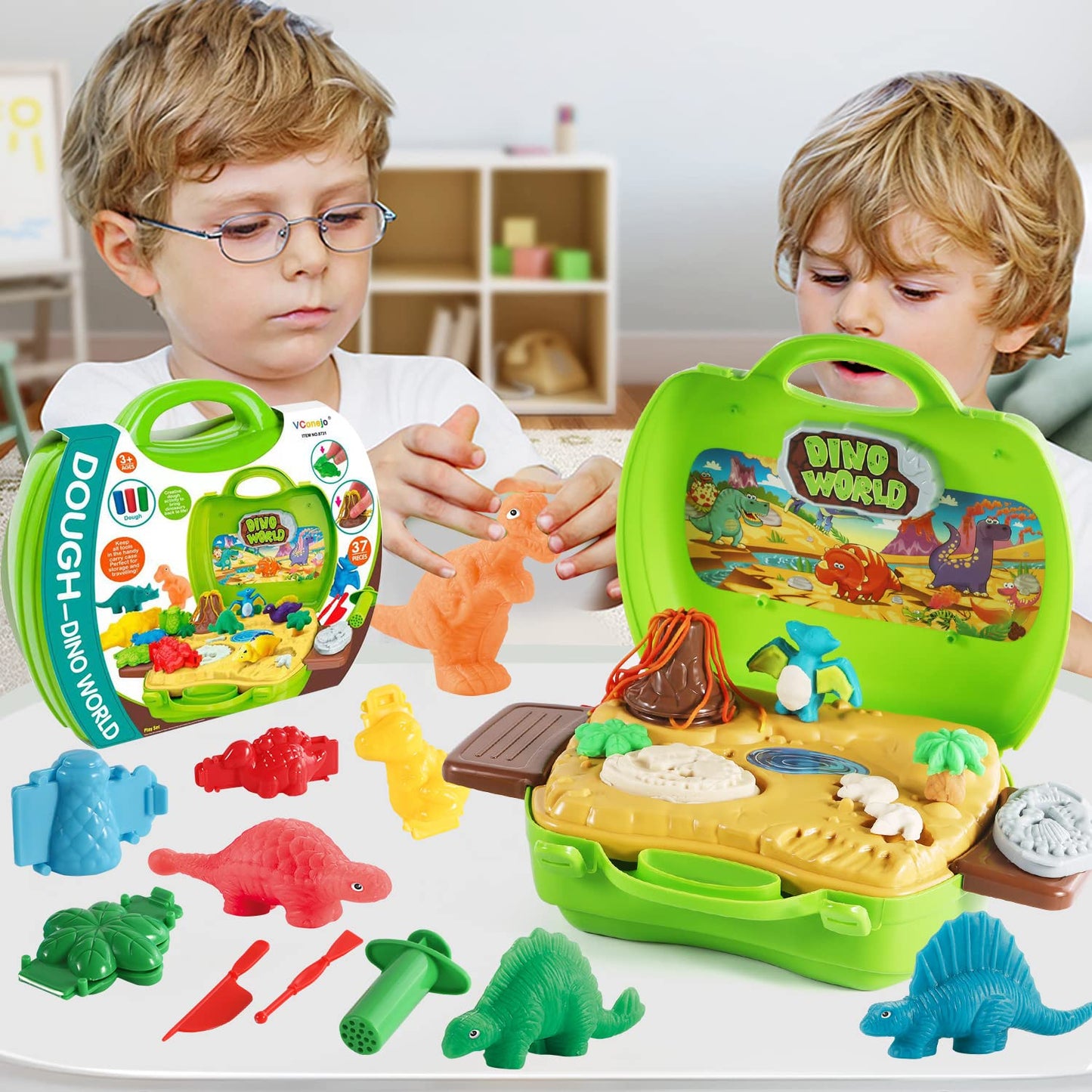 VConejo Dinosaur Color Dough Set – 37-Piece Dino Play with Volcano & Fossils