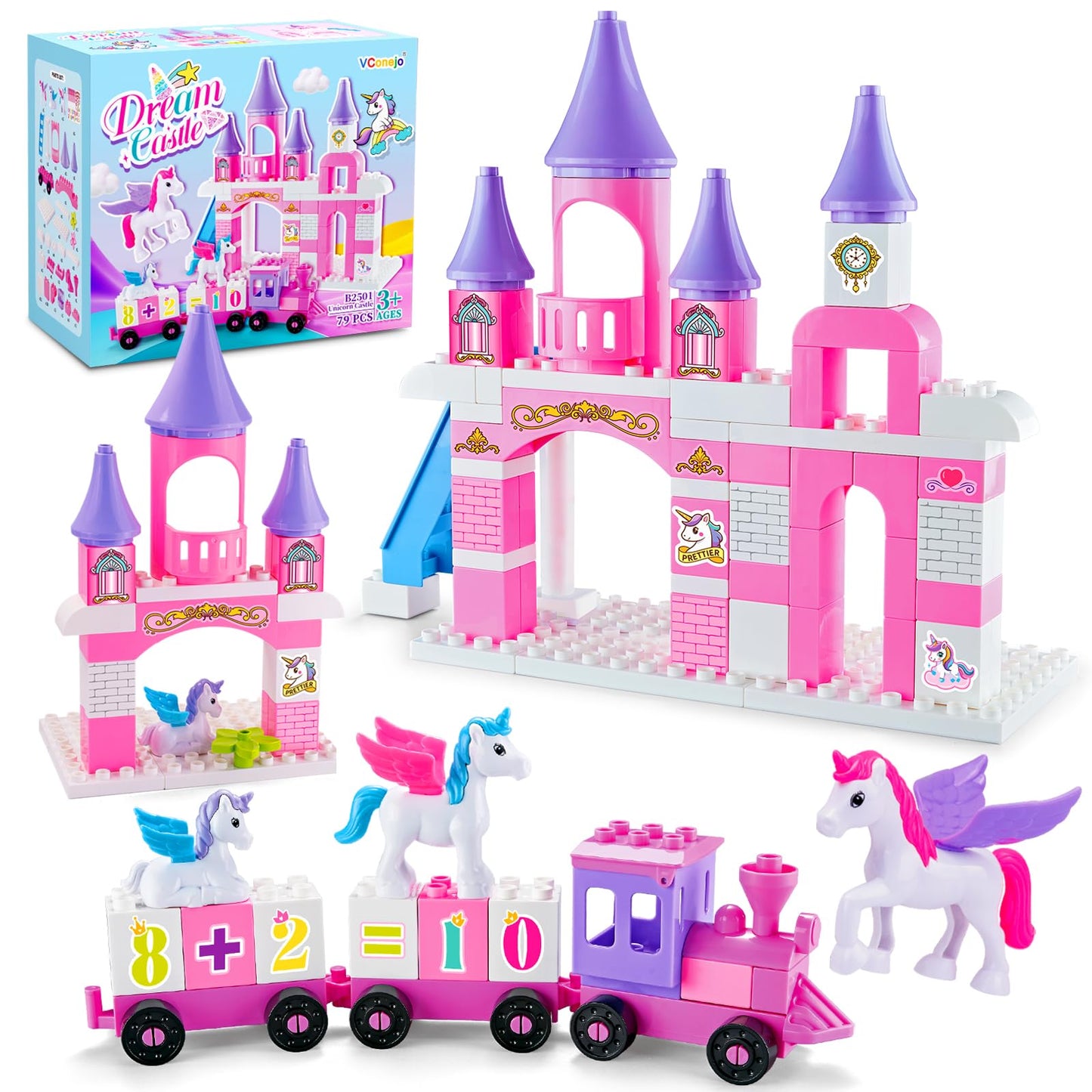 VConejo Classic Unicorn Castle Blocks – 79-Piece Set Compatible with Major Brands