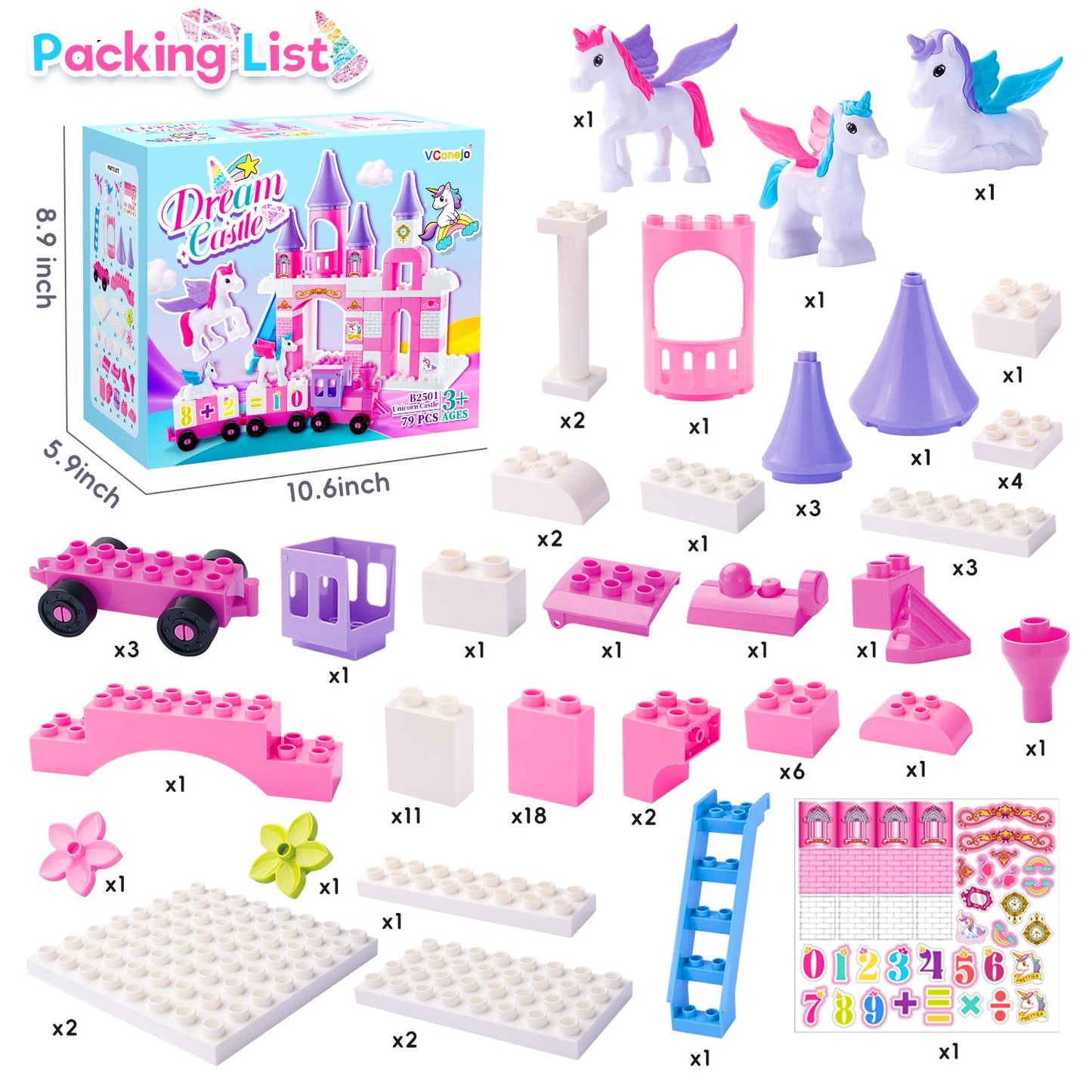 VConejo Classic Unicorn Castle Blocks – 79-Piece Set Compatible with Major Brands