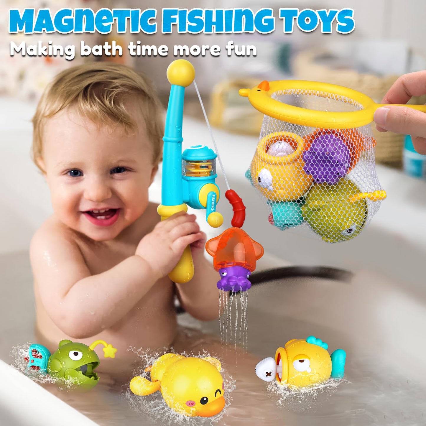 VConejo Magnetic Fishing Bath Toys for Toddlers Aged 1-3 | Bath Time Wind-Up Duck, Net & Fishing Rod