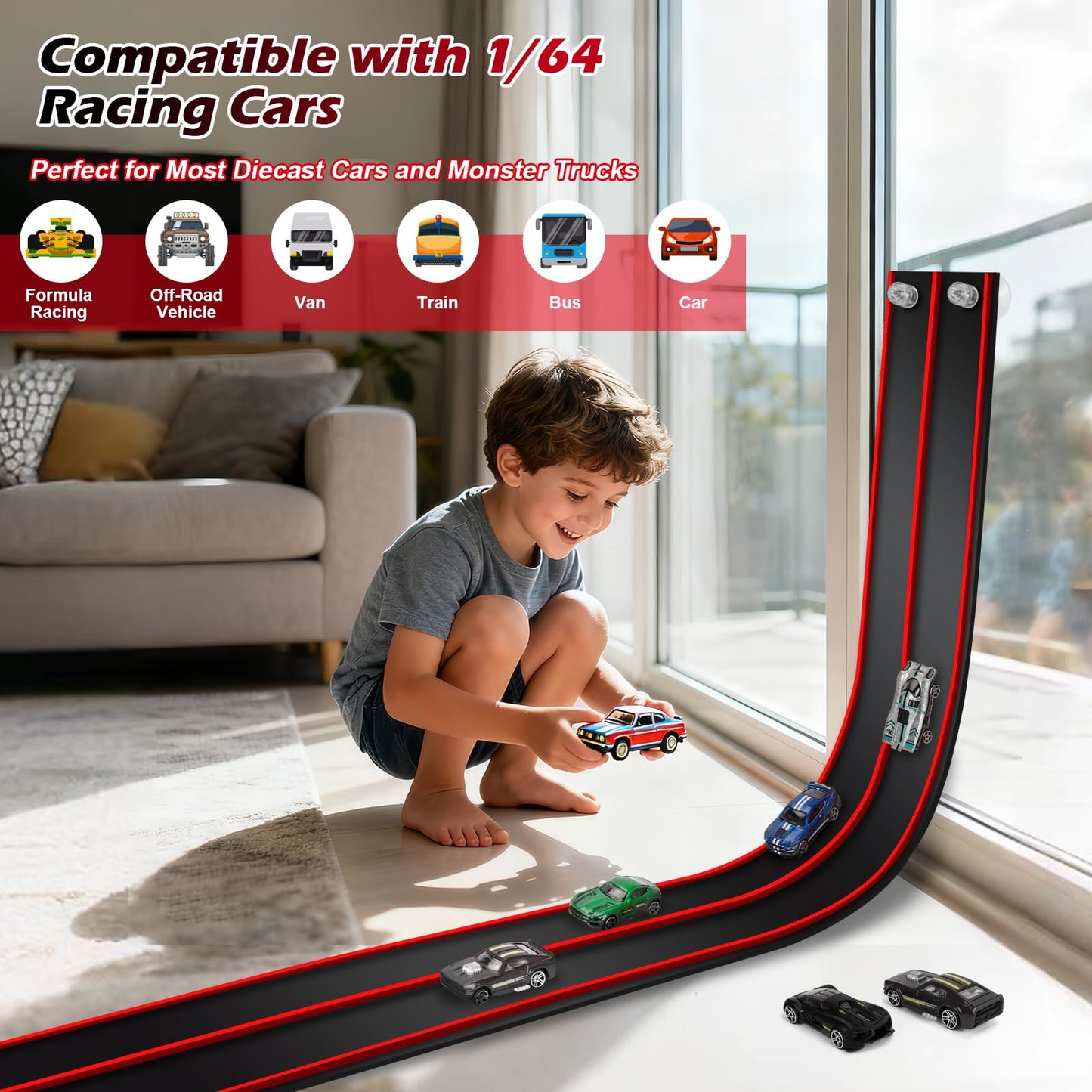 Vcsaq Flexible Race Track Toys for Kids – 15 Ft Starter Set with Suction Cups, Compatible with Hot Wheels & 1/64 Diecast Cars