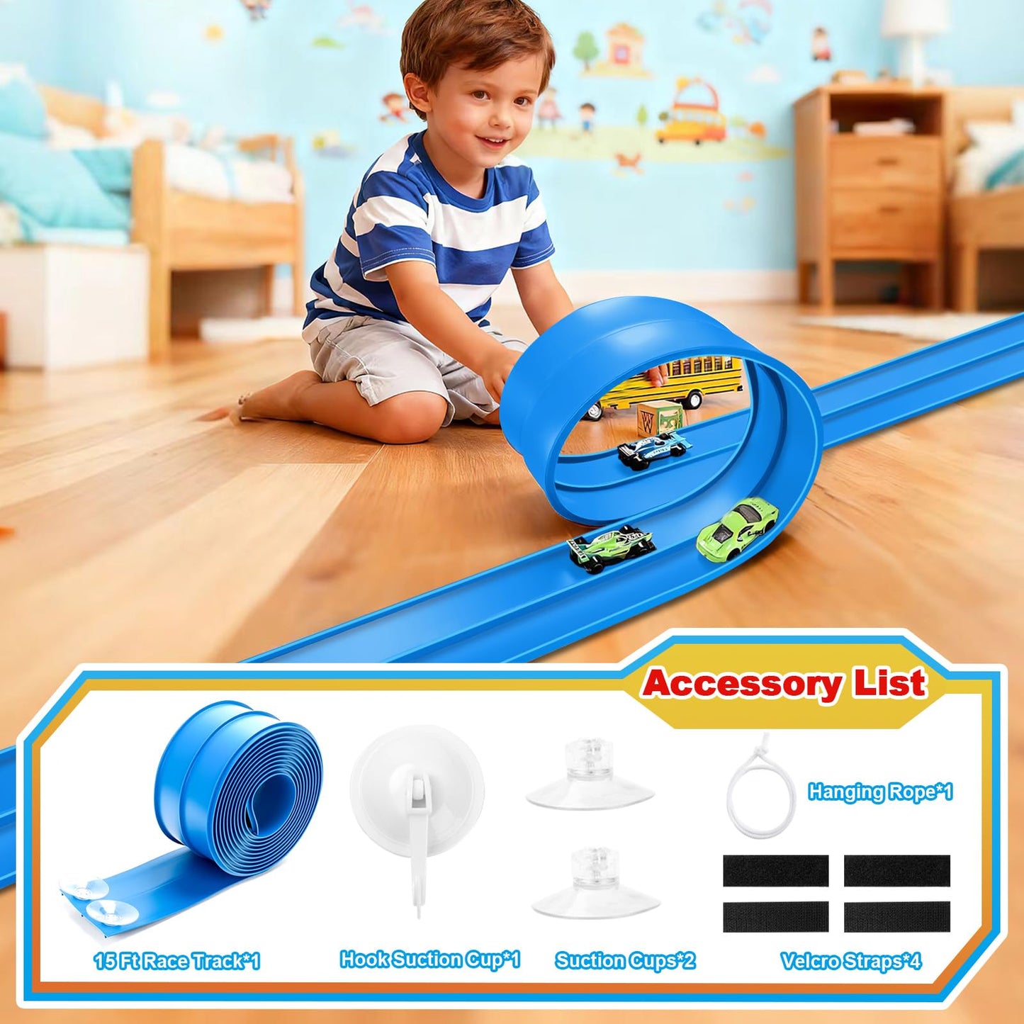 Vcsaq Flexible Race Track – 15 Ft Starter Set with Suction Cups | Hot Wheels Compatible