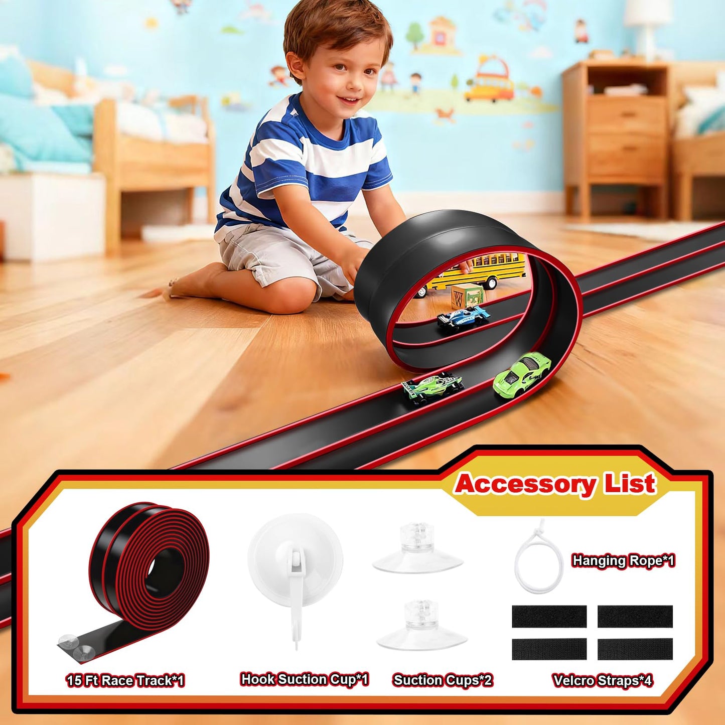 Vcsaq Flexible Race Track Toys for Kids – 15 Ft Starter Set with Suction Cups, Compatible with Hot Wheels & 1/64 Diecast Cars