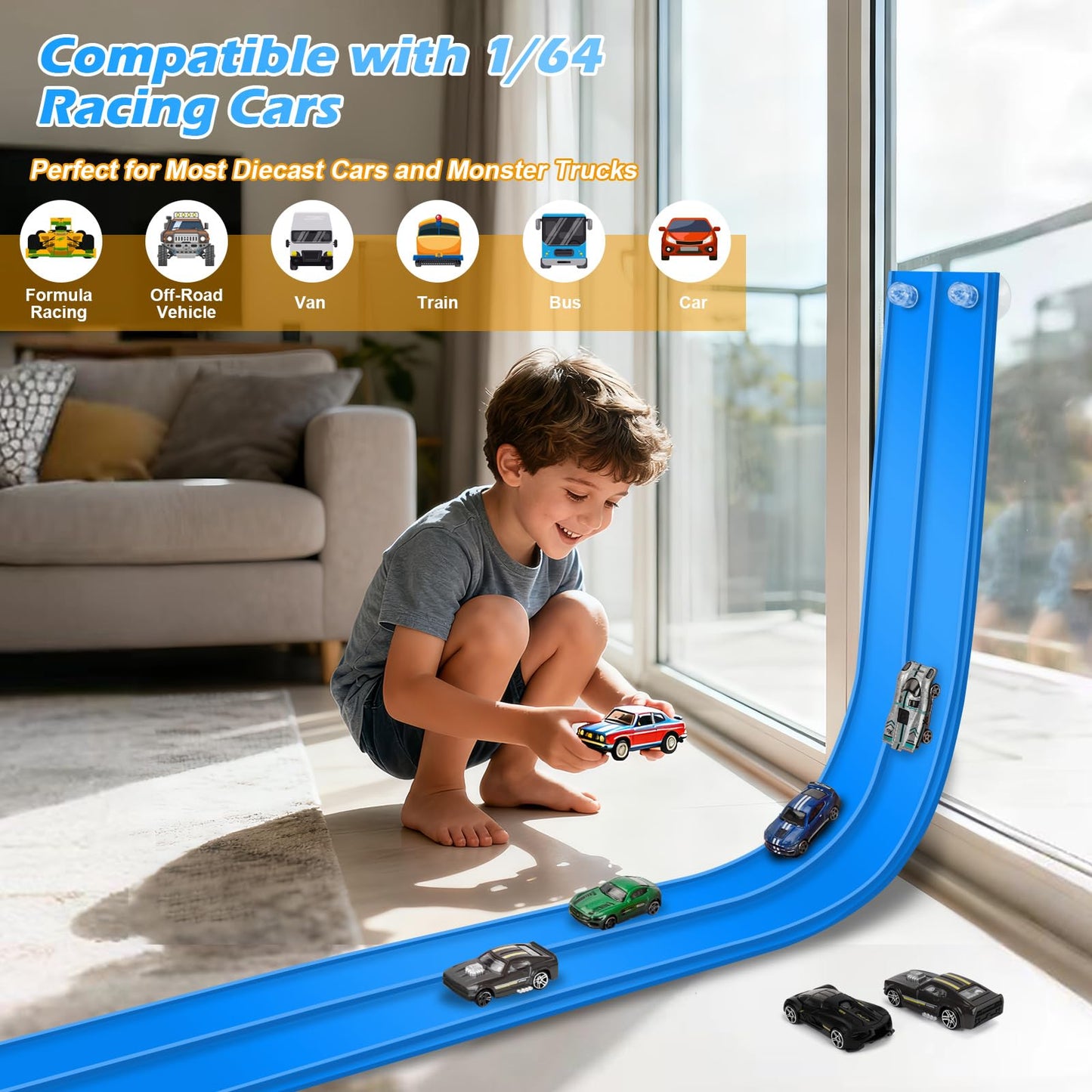 Vcsaq Flexible Race Track – 15 Ft Starter Set with Suction Cups | Hot Wheels Compatible