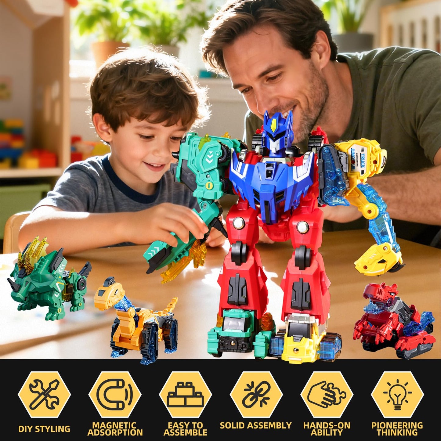 VEAIS Magnetic Transform Dinosaur Robot Toys – 6 in 1 DIY STEM Playset for Kids 3-6