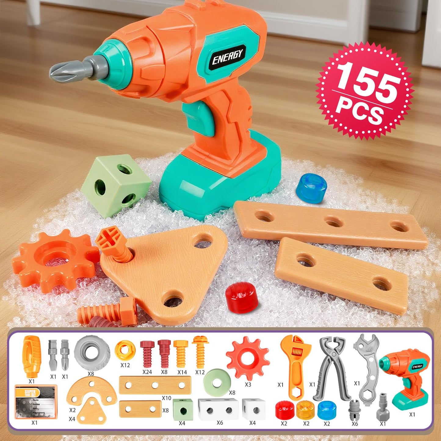 VEAIS Kids Tool Set with Drill — 155 Pcs STEM Montessori Construction Toy (Ages 3-6)