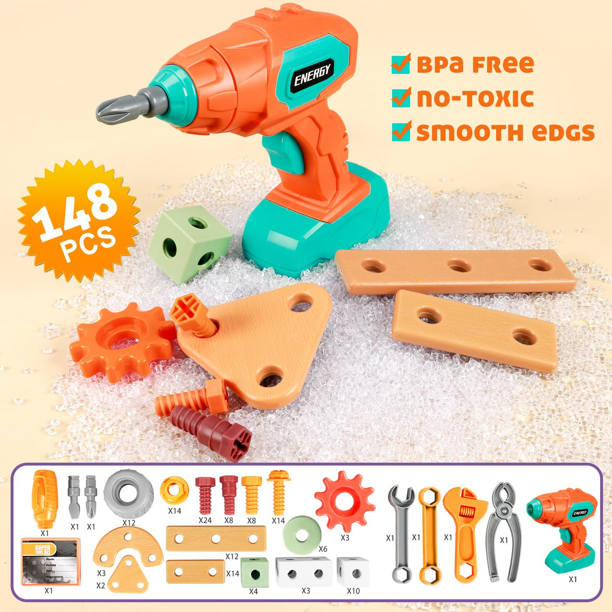 VEAIS Kids Tool Set with Drill – 148-Piece STEM Building Toy for Ages 3-8