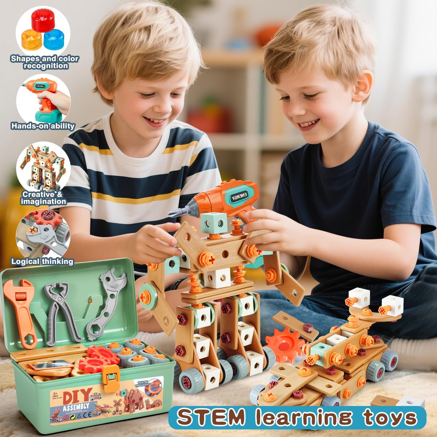 VEAIS Kids Tool Set with Drill — 155 Pcs STEM Montessori Construction Toy (Ages 3-6)