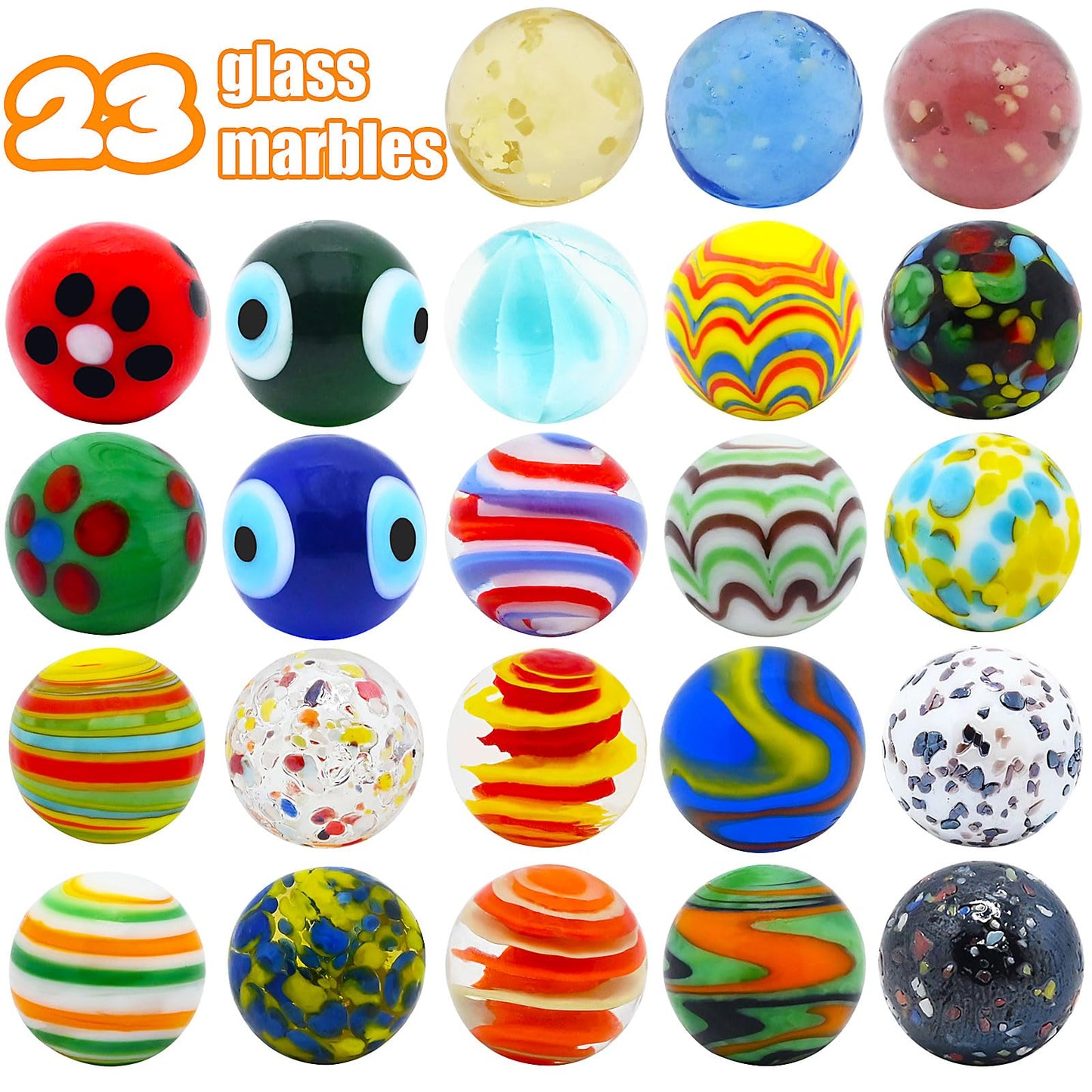 VEALIZUU 23 Pcs Glass Marbles Set – 16mm Colorful Glass Marbles with Glow in the Dark