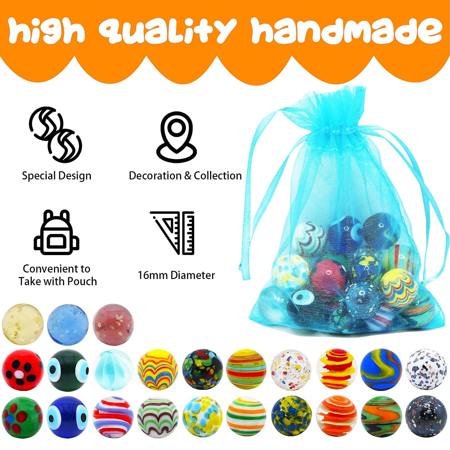 VEALIZUU 23 Pcs Glass Marbles Set – 16mm Colorful Glass Marbles with Glow in the Dark