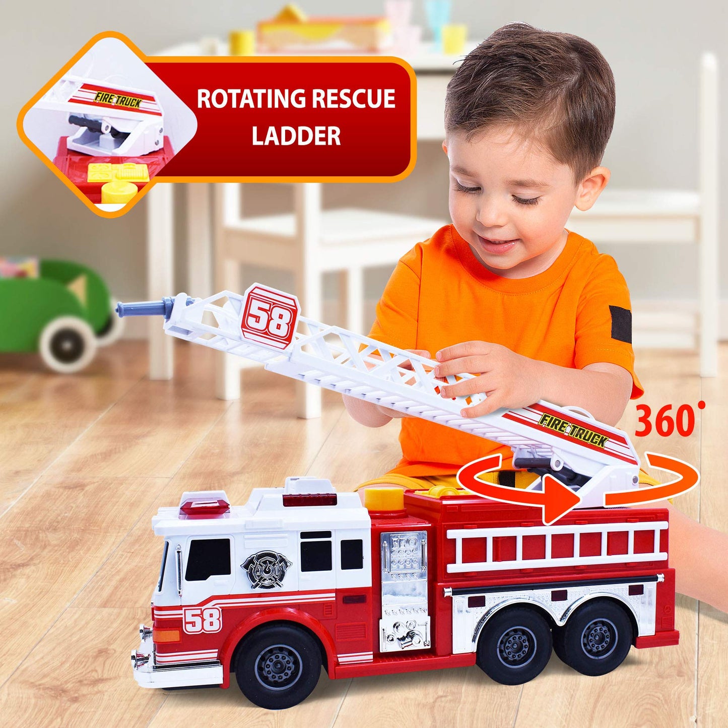 VEBO Fire Truck Motorized with Lights, Siren and Water Pump – 15-Inch Realistic Rescue Vehicle for Kids 3+