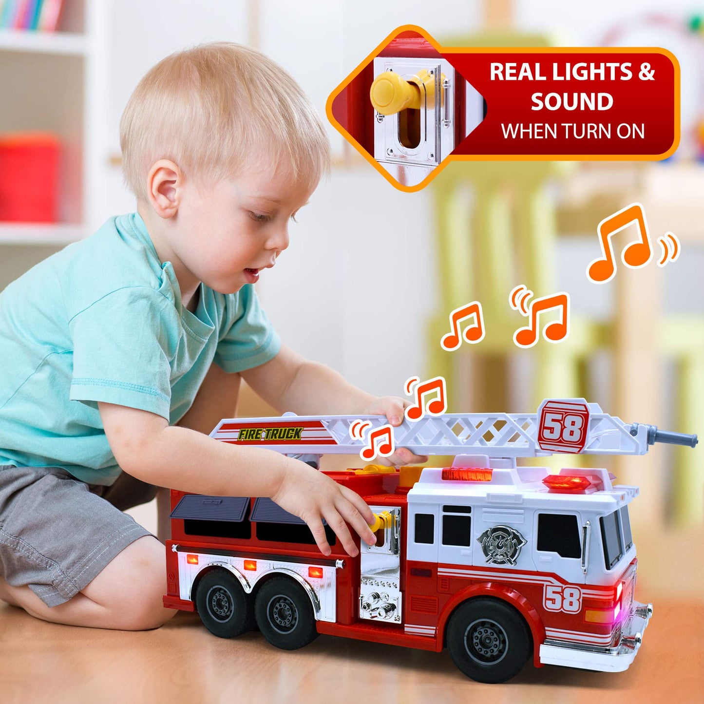 VEBO Fire Truck Motorized with Lights, Siren and Water Pump – 15-Inch Realistic Rescue Vehicle for Kids 3+