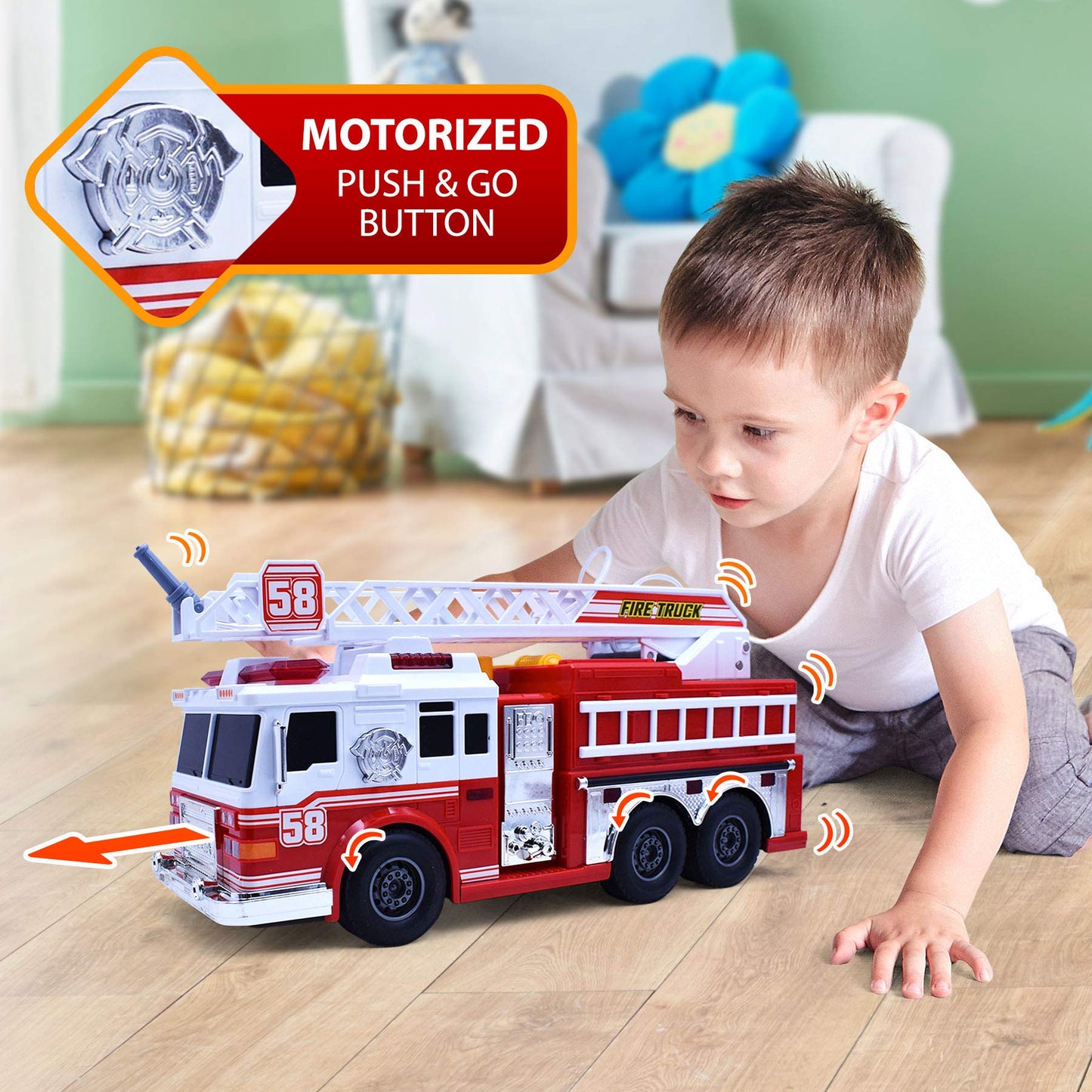 VEBO Fire Truck Motorized with Lights, Siren and Water Pump – 15-Inch Realistic Rescue Vehicle for Kids 3+