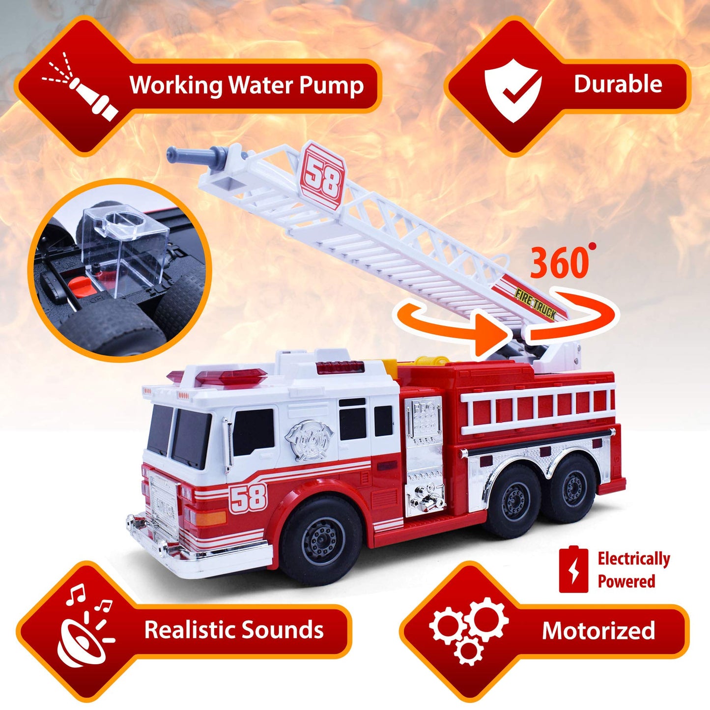 VEBO Fire Truck Motorized with Lights, Siren and Water Pump – 15-Inch Realistic Rescue Vehicle for Kids 3+