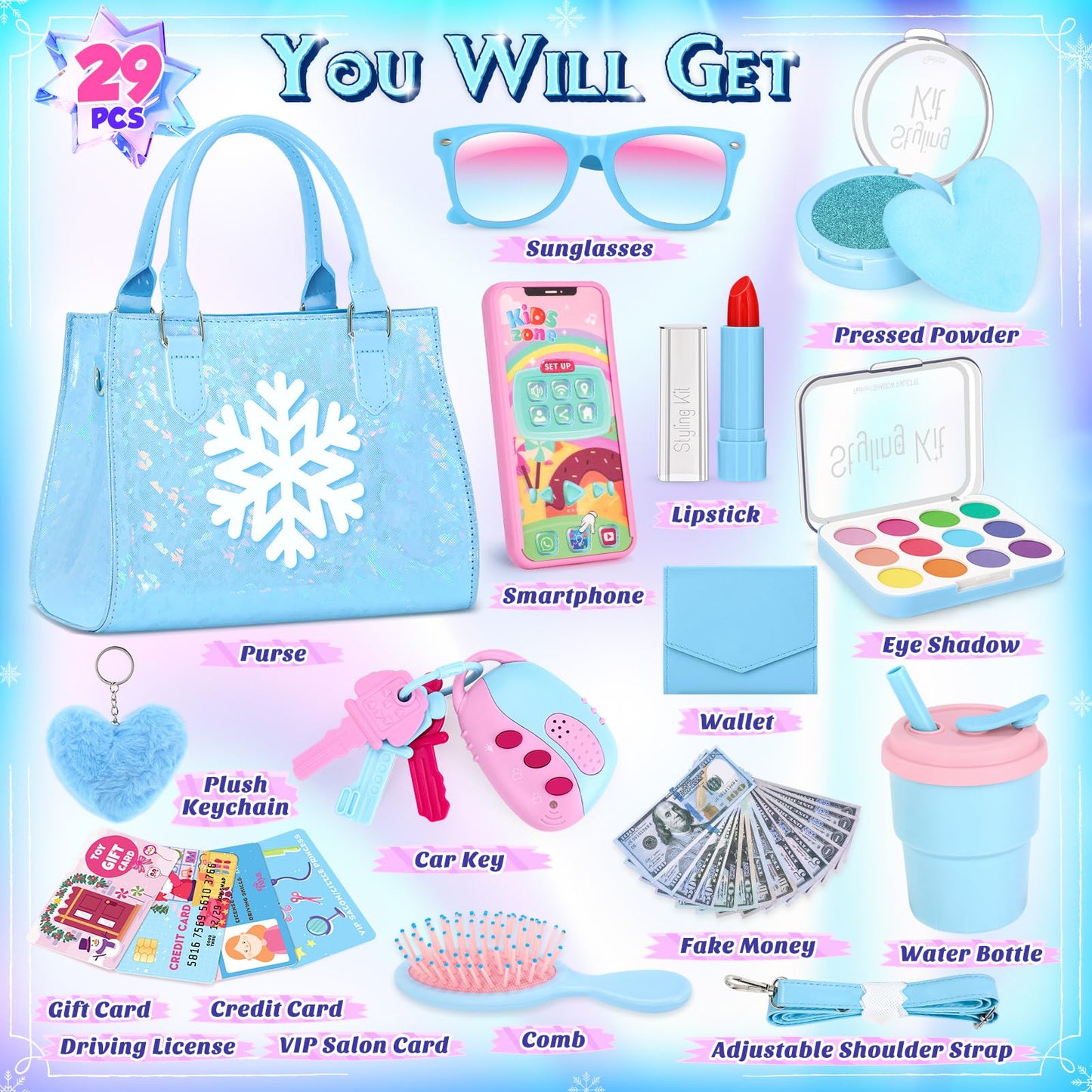 VEDALIO Little Girl Purse Frozen Toys 29 in 1 Pretend Play Set for Girls 3 8