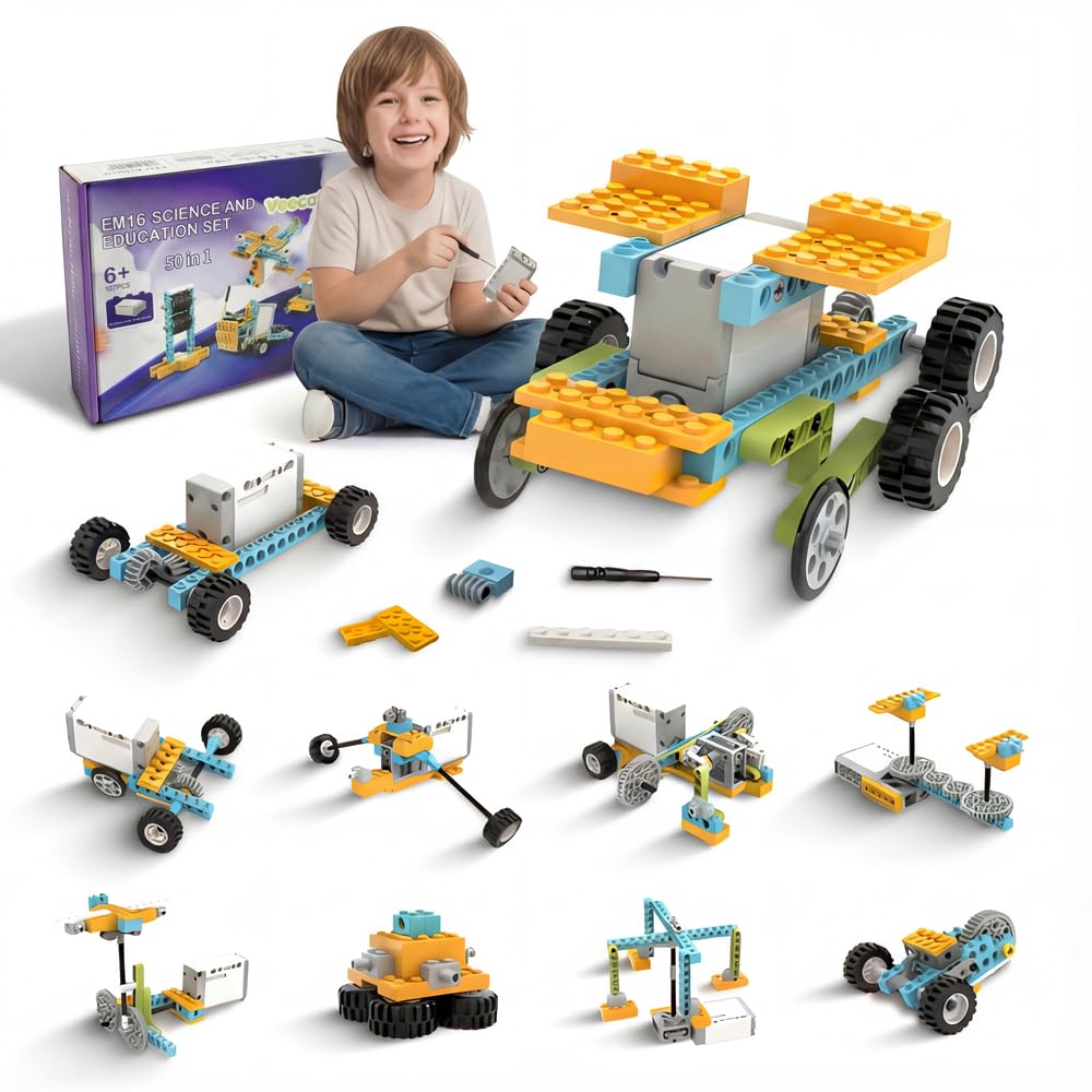 Veecafiodi 50-in-1 STEM Building Kit for Kids 6-12 – 107 Pieces, Motorized Models
