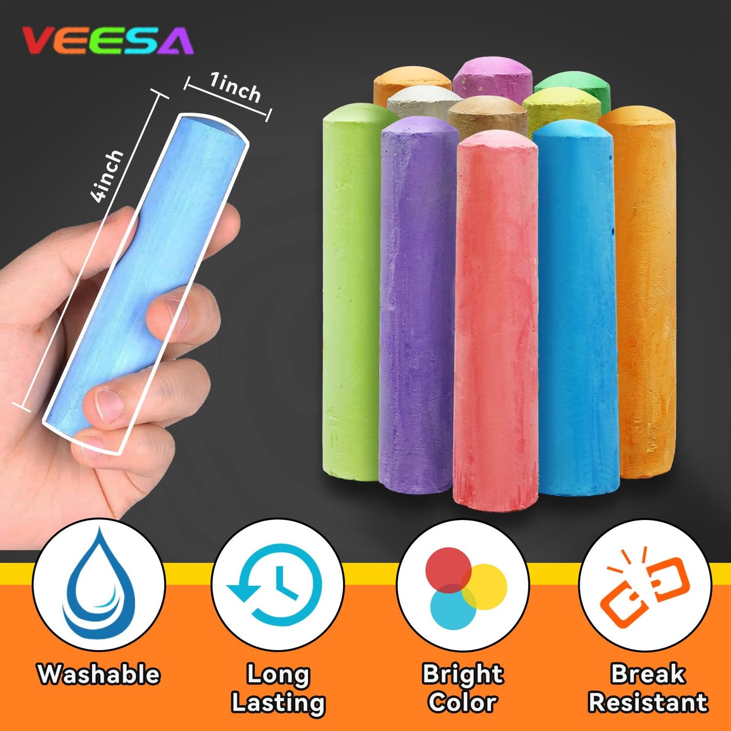 VEESA Sidewalk Chalk 52-Piece Set — 10 Washable, Non-Toxic Colors for Outdoor Art
