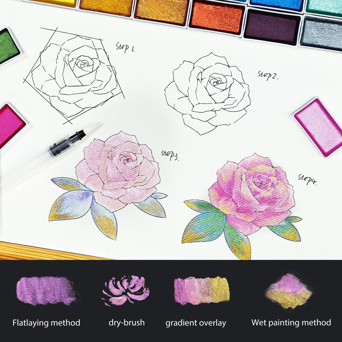 VEESA Metallic Watercolor Paint Set – 18 Pigment‑Rich Pans + 2 Waterbrushes