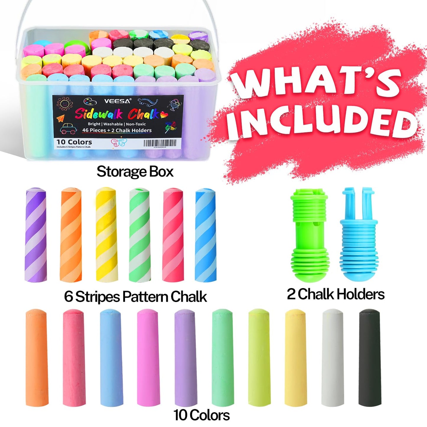 VEESA Sidewalk Chalk for Kids – 46-Count Jumbo Set with 2 Holders | Washable & Non-Toxic