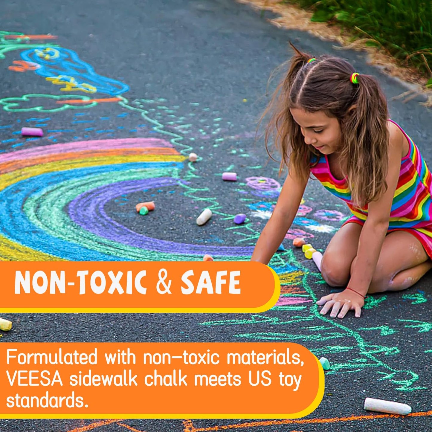 VEESA Sidewalk Chalk 52-Piece Set — 10 Washable, Non-Toxic Colors for Outdoor Art
