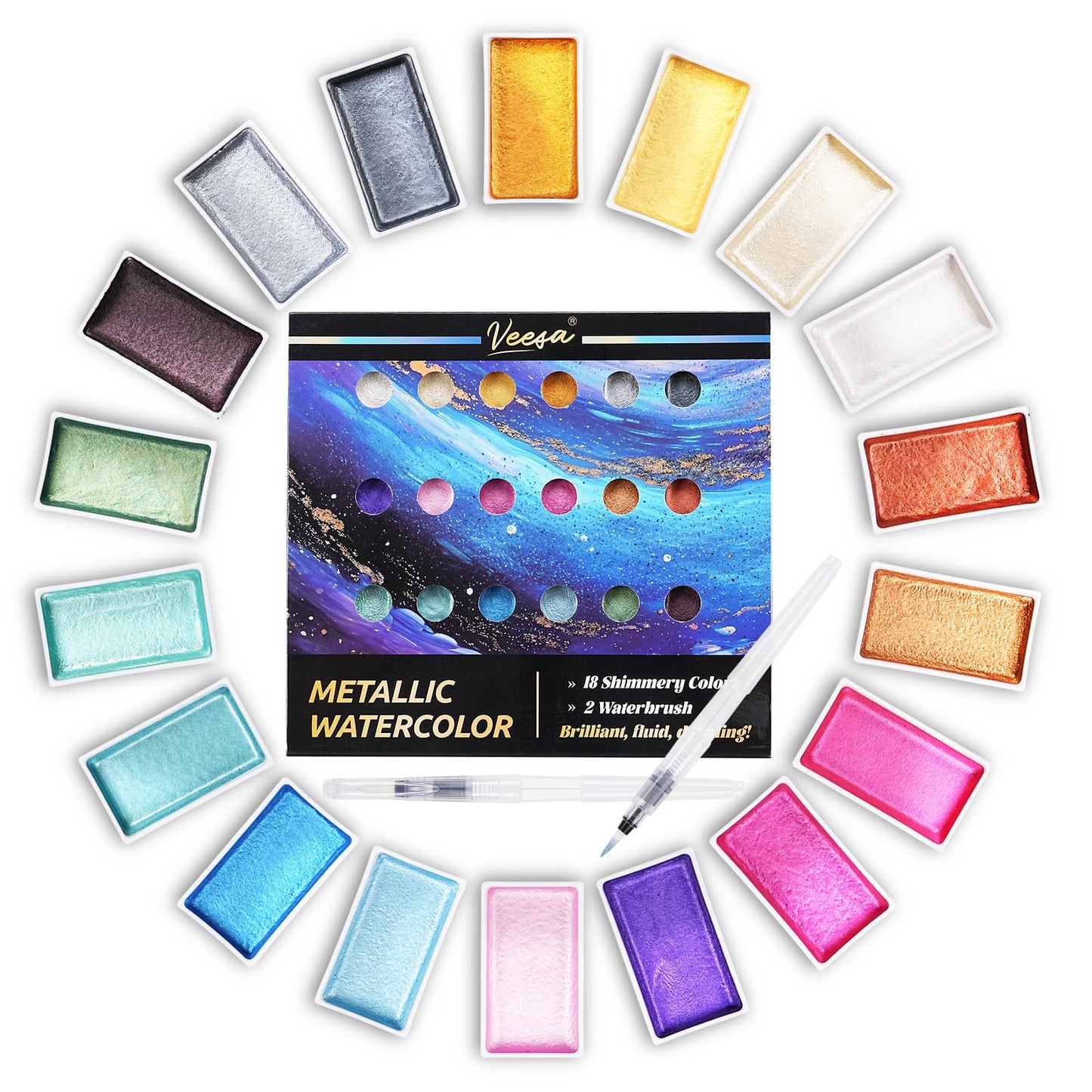 VEESA Metallic Watercolor Paint Set – 18 Pigment‑Rich Pans + 2 Waterbrushes