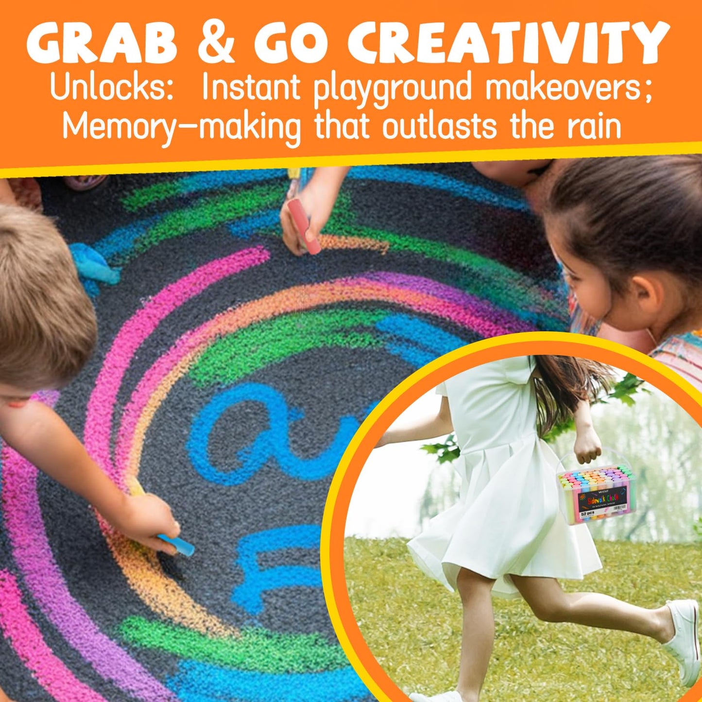 VEESA Sidewalk Chalk 52-Piece Set — 10 Washable, Non-Toxic Colors for Outdoor Art