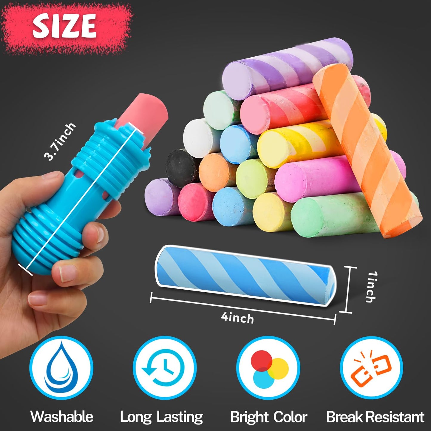 VEESA Sidewalk Chalk for Kids – 46-Count Jumbo Set with 2 Holders | Washable & Non-Toxic