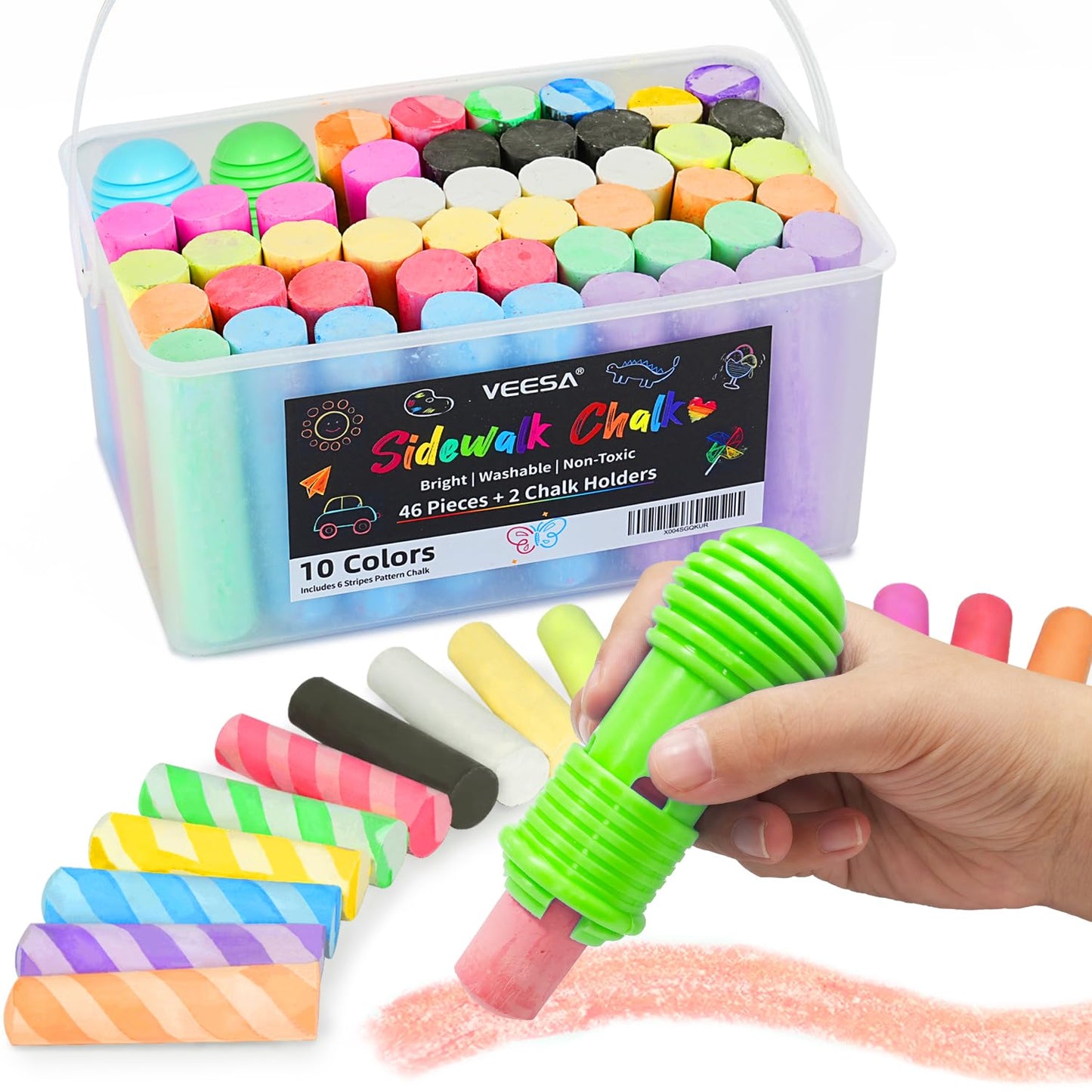 VEESA Sidewalk Chalk for Kids – 46-Count Jumbo Set with 2 Holders | Washable & Non-Toxic