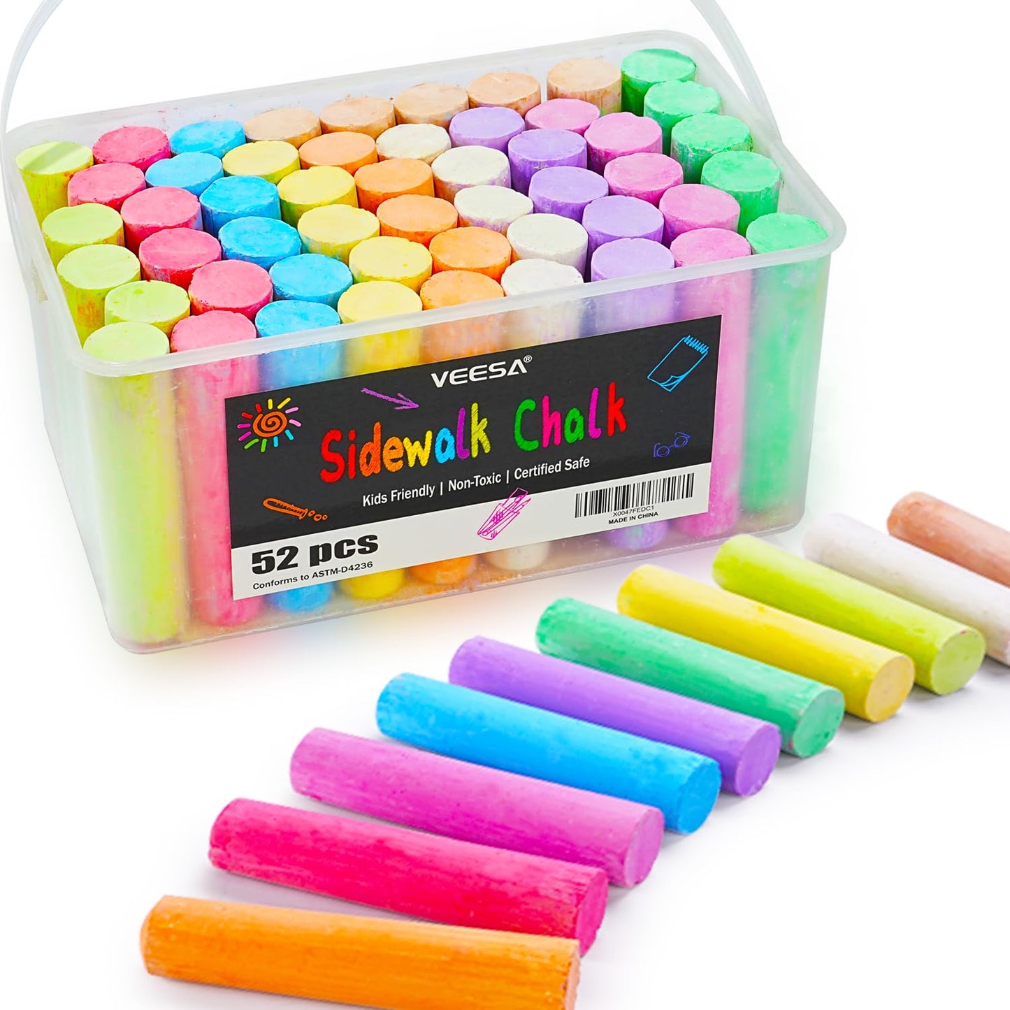 VEESA Sidewalk Chalk 52-Piece Set — 10 Washable, Non-Toxic Colors for Outdoor Art
