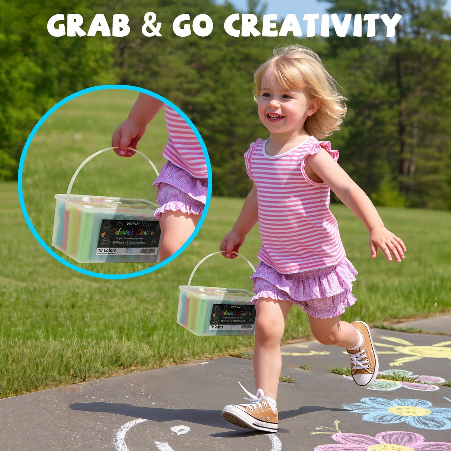 VEESA Sidewalk Chalk for Kids – 46-Count Jumbo Set with 2 Holders | Washable & Non-Toxic