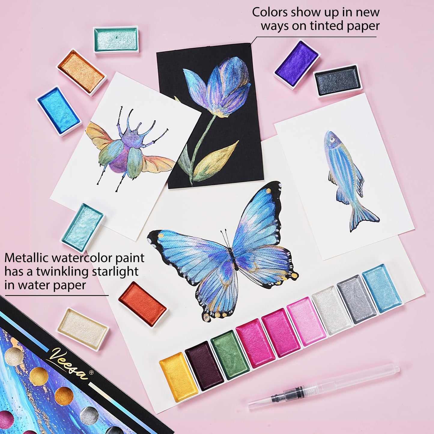 VEESA Metallic Watercolor Paint Set – 18 Pigment‑Rich Pans + 2 Waterbrushes