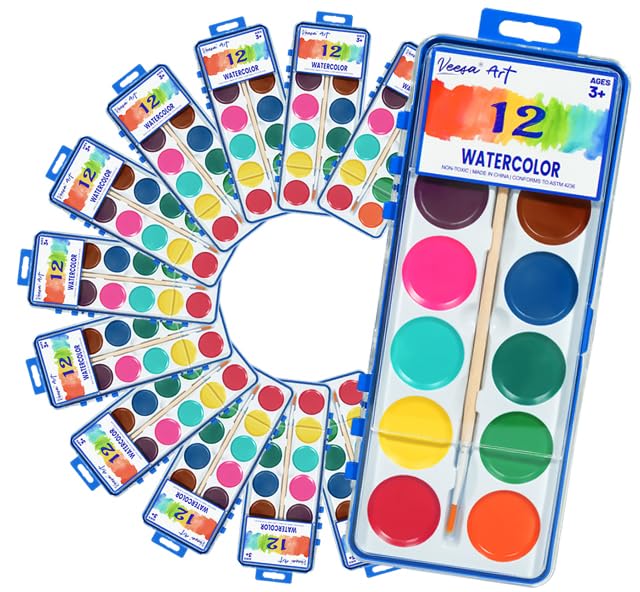 VEESA 12 Pack Watercolor Paint Set with Woodbrushes – 12 Vibrant, Washable Colors for Kids