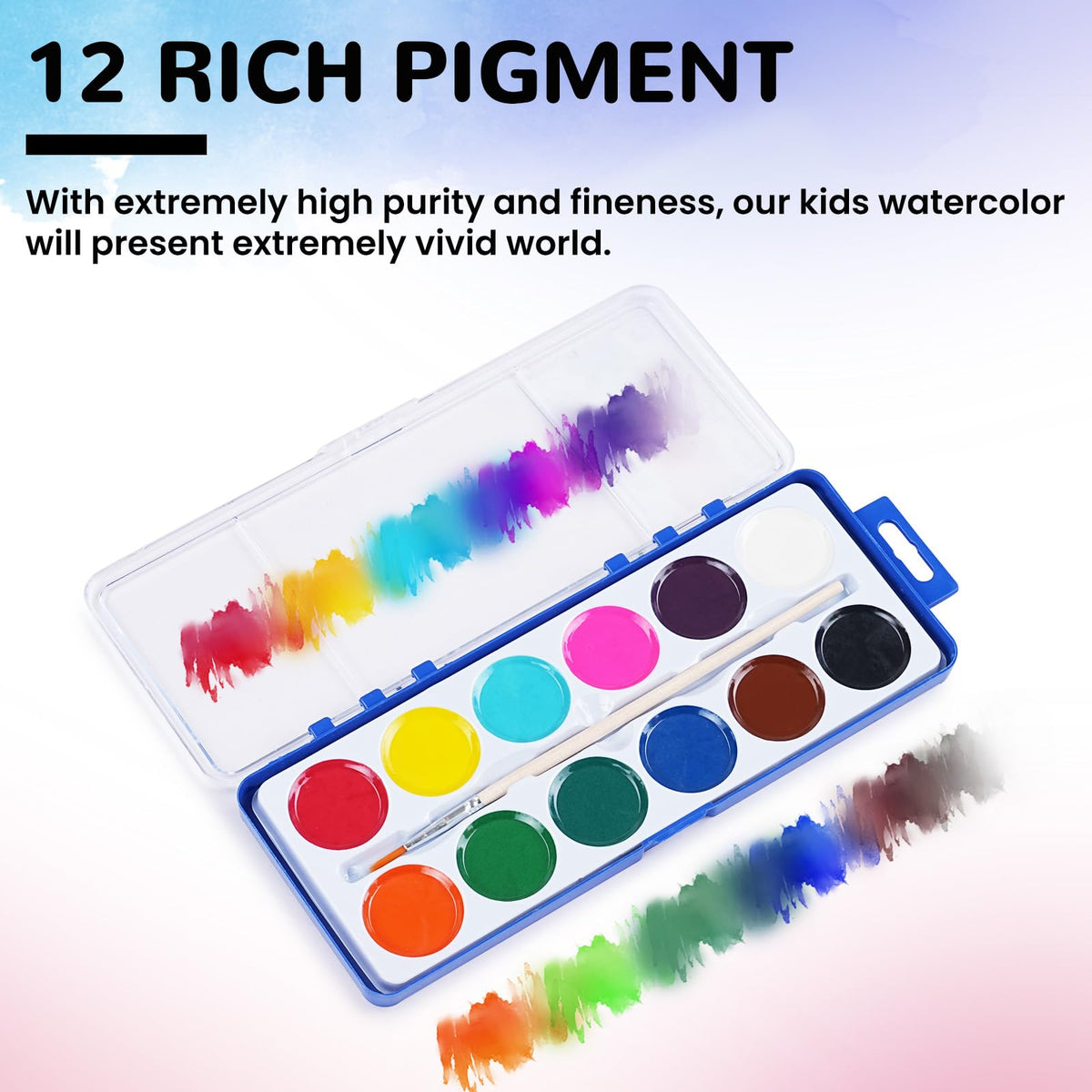 VEESA 12 Pack Watercolor Paint Set with Woodbrushes – 12 Vibrant, Washable Colors for Kids