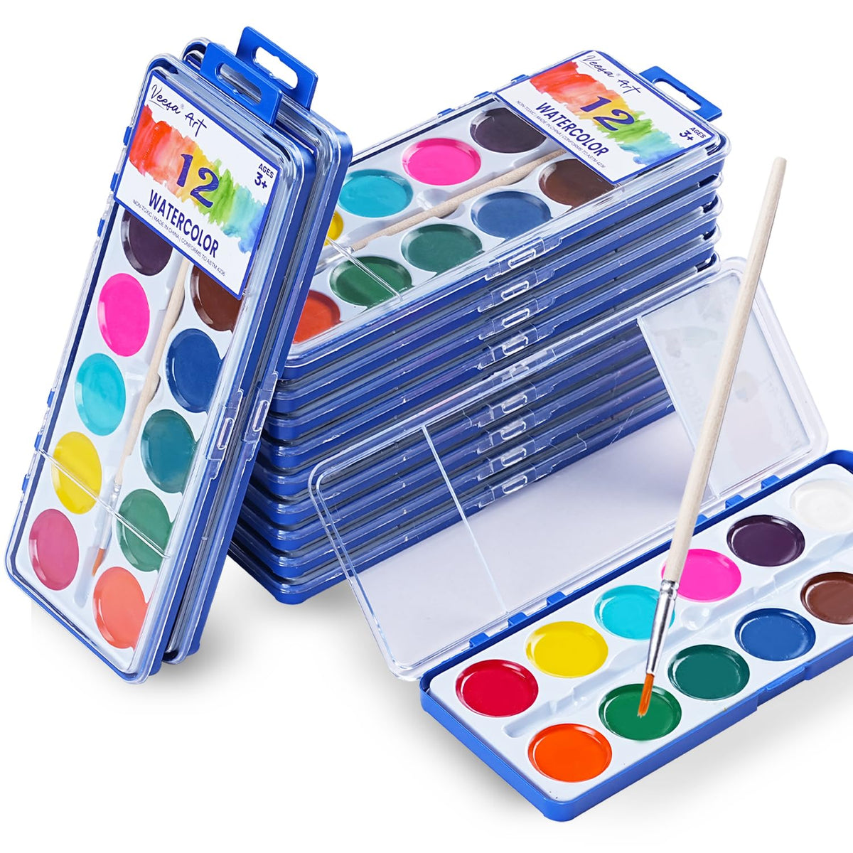 VEESA 12 Pack Watercolor Paint Set with Woodbrushes – 12 Vibrant, Washable Colors for Kids