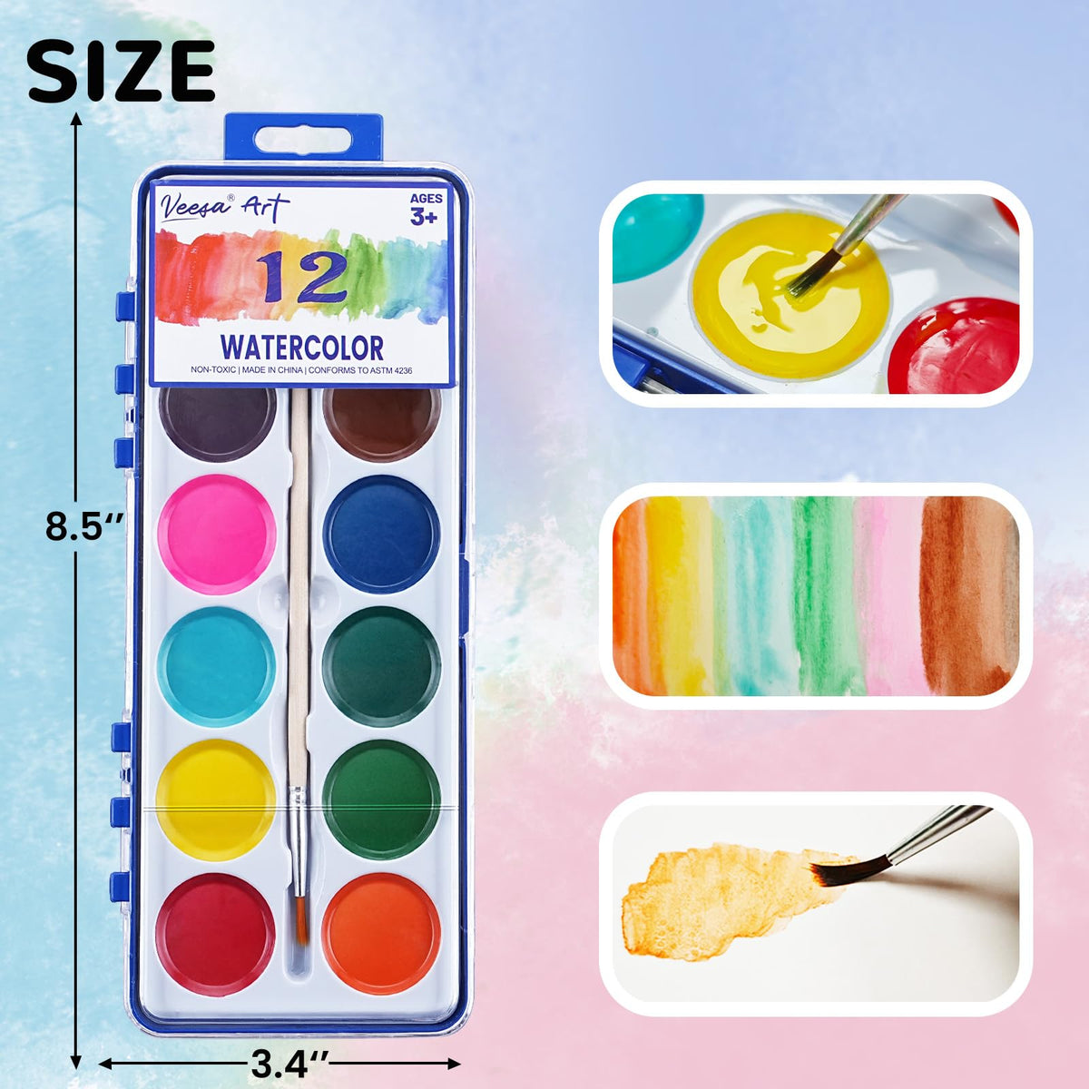 VEESA 12 Pack Watercolor Paint Set with Woodbrushes – 12 Vibrant, Washable Colors for Kids