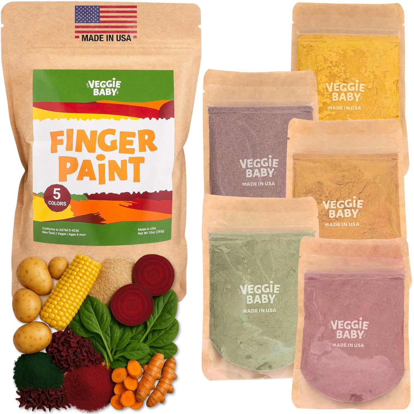 Veggie Baby Edible Finger Paint for Babies — Non-Toxic, 5 Veggie Color Pouches, Made in USA