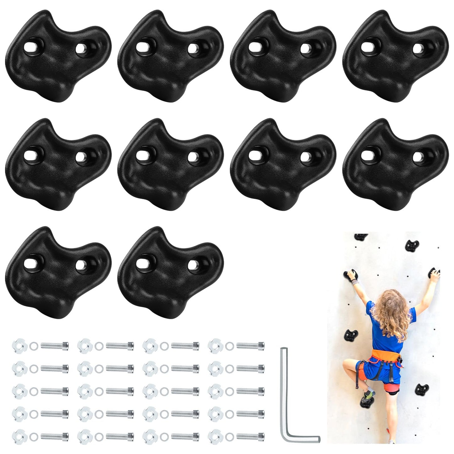 Veimia 10PCS Black Rock Climbing Holds – Extra Large Kids Wall Climbing Set with Mounting Hardware