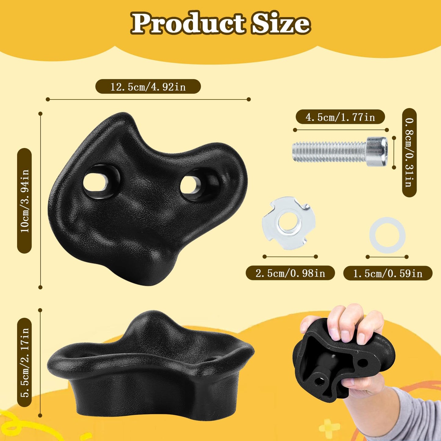 Veimia 10PCS Black Rock Climbing Holds – Extra Large Kids Wall Climbing Set with Mounting Hardware