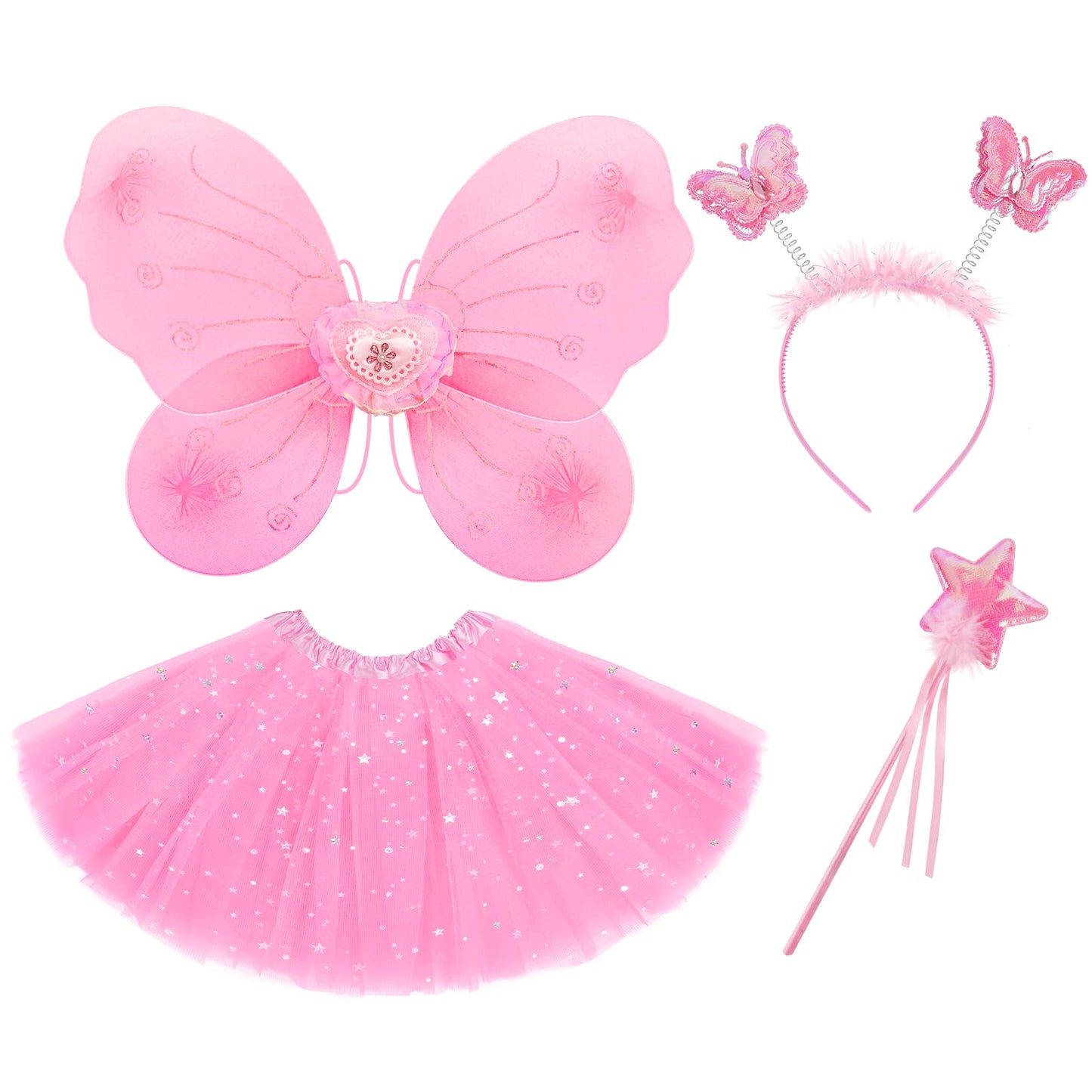 VEKDA 4-Pack Fairy Costume for Girls – Wings, Tutu, Headband & Wand