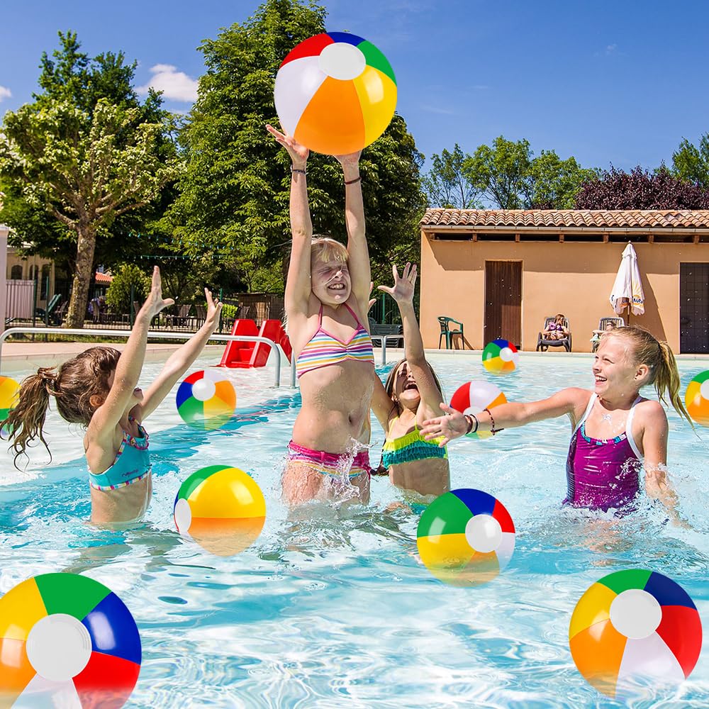 Vellibring 16 Pack 12-Inch Summer Inflatable Rainbow Beach Balls for Pool and Beach | Water Games Toys
