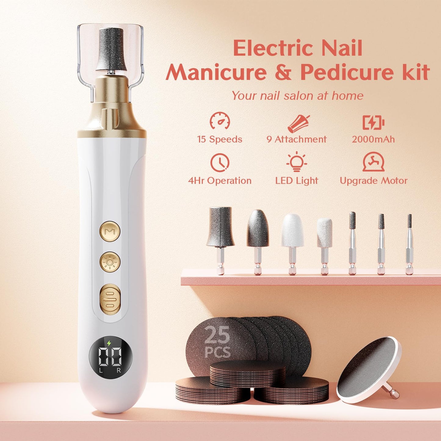 Velnail Cordless Nail Drill Kit – 15-Speed Brushless Electric Nail File for Manicure & Pedicure