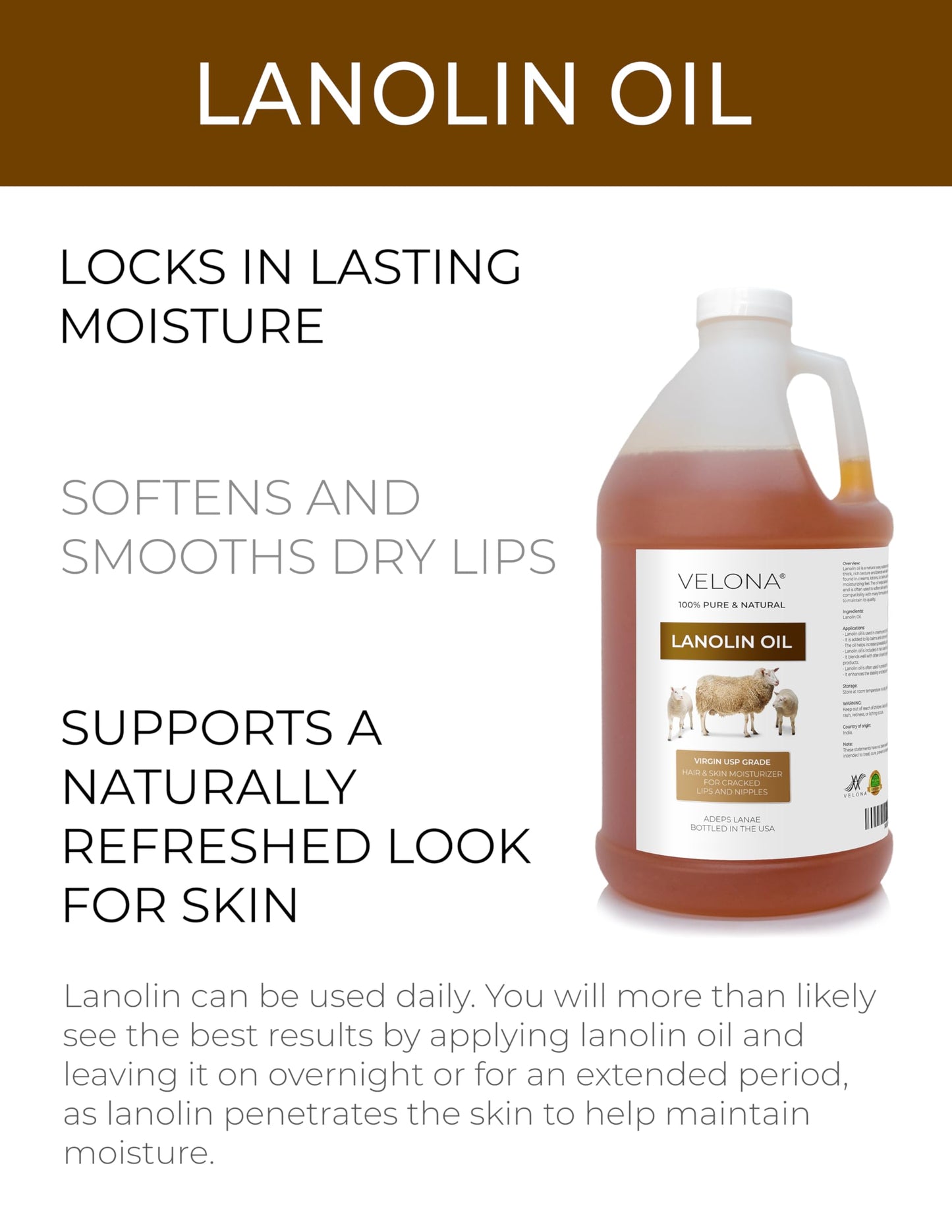 Velona Lanolin Oil USP Grade – 64oz Pure Carrier Oil for Skin, Hair & Nails | Refined, Cold Pressed