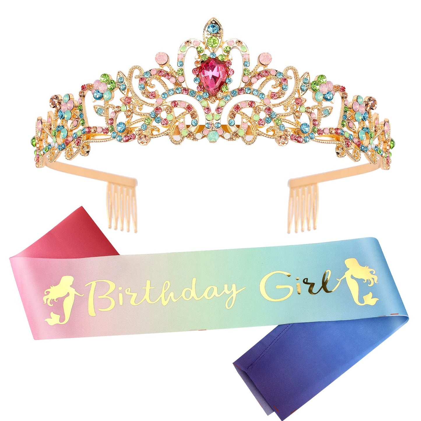 VELSCRUN Birthday Crown, Sash & Tiara – Princess Headband for Girls