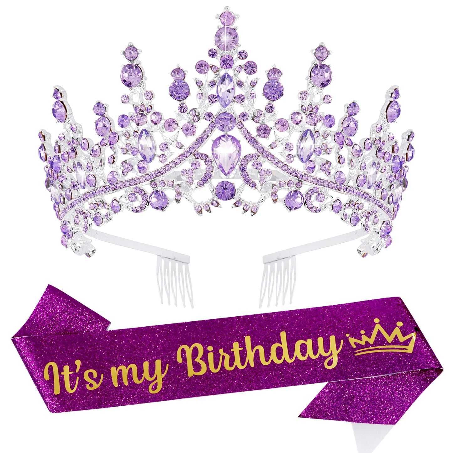 VELSCRUN Purple Crystal Birthday Tiara Crown – It's My Birthday Sash for Women & Girls