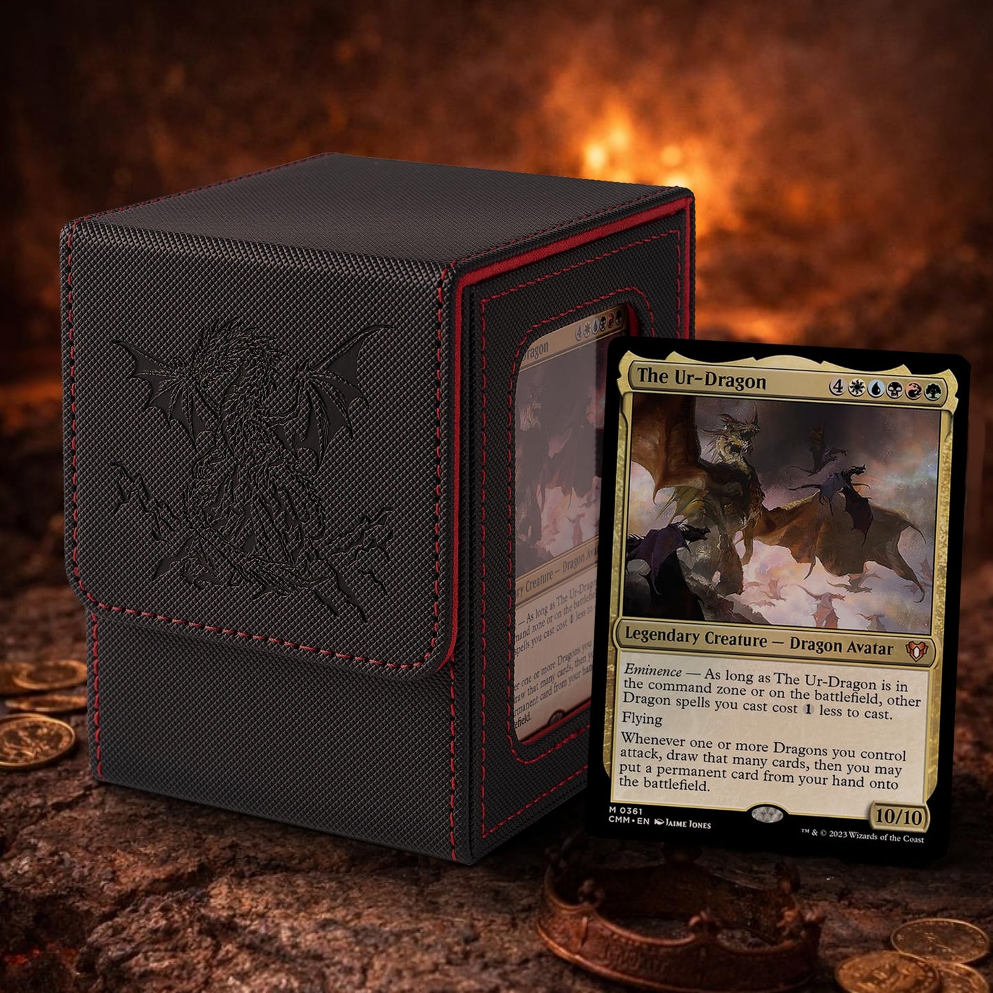 Venssu MTG Deck Box with Commander Display — Dragon Embossed PU Leather, Holds 120 Cards, 2 Dividers, Toploader (Black/Red)