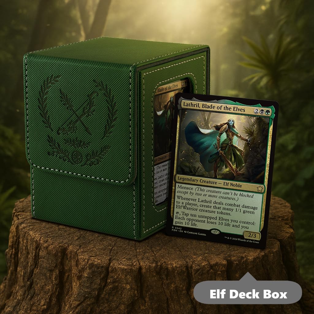 Venssu MTG Deck Box with Commander Display | Elf Embossed, Fits 100 Double-Sleeved Cards, Green & Grey