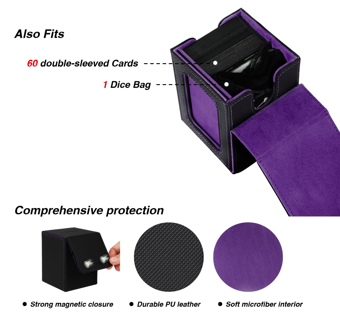 Venssu MTG Deck Box for Commander Display – 100 Double-Sleeved Capacity, Top Loader, 2 Dividers (Black and Purple)